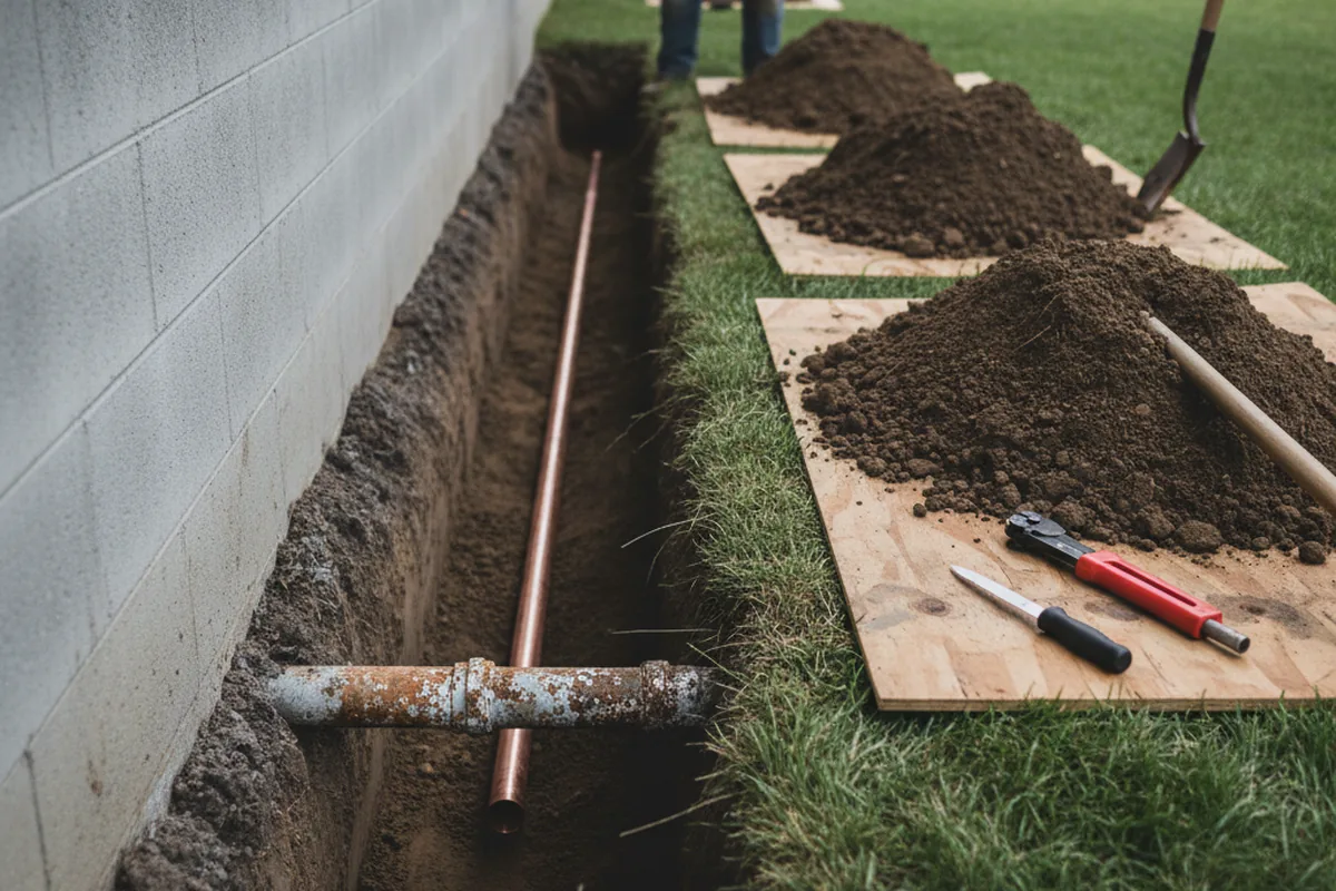 Excavated water line trench during Water Heater Repair in Clements